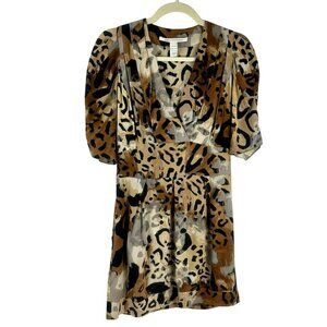 Diane Von Furstenberg Silk Sabine Dress Women 8 Brown Animal Print Short Sleeves